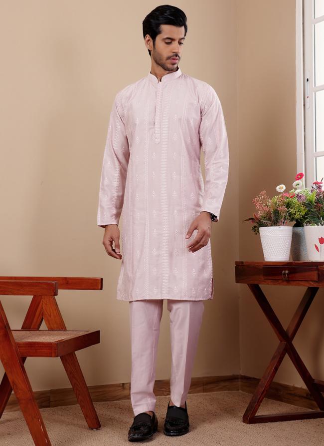 Silk Light Pink Traditional Wear Embroidery Work Readymade Kurta Pajama